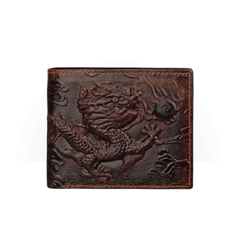 Medifier Mens Brown Genuine Leather Wallet with Credit Card Holder Dragon Pattern S - Image 1